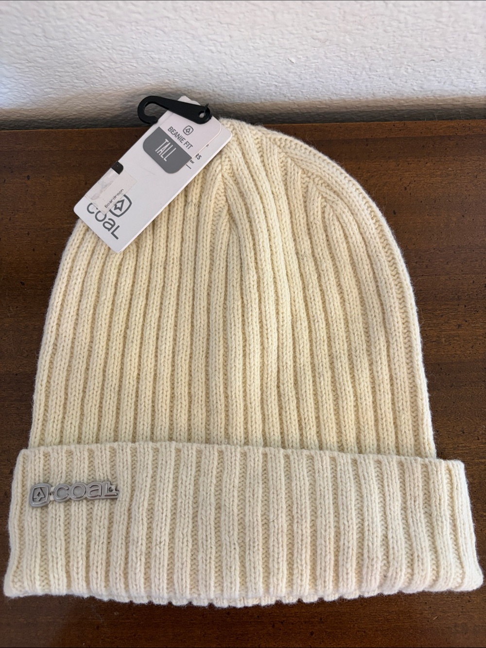 COAL The Greenwater Ribbed Knit Tall Fit Beanie Lambswool Nylon in Cream NWT